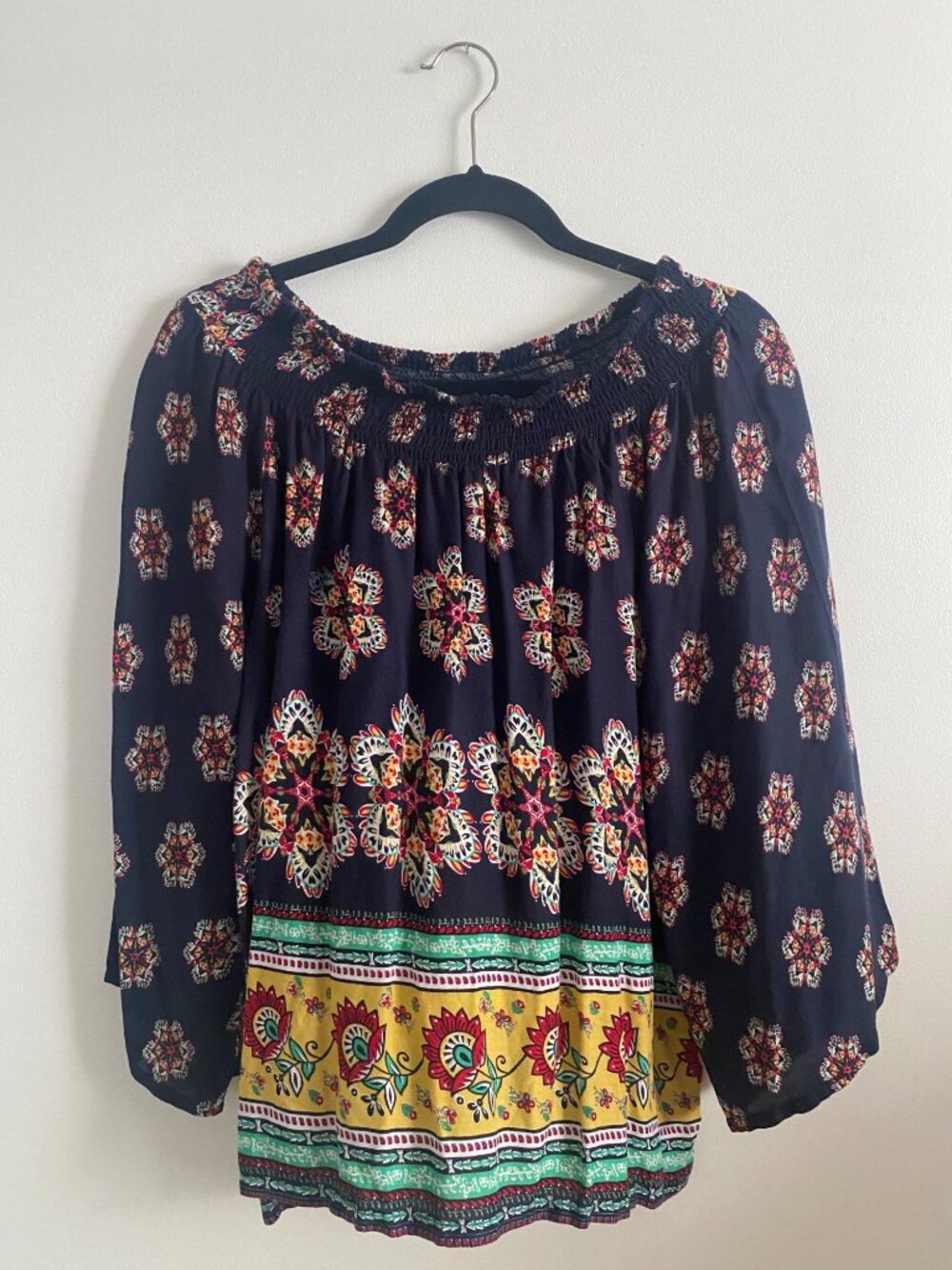 Boho Floral Smocked Navy Off-Shoulder Blouse With Long Sleeves Size L